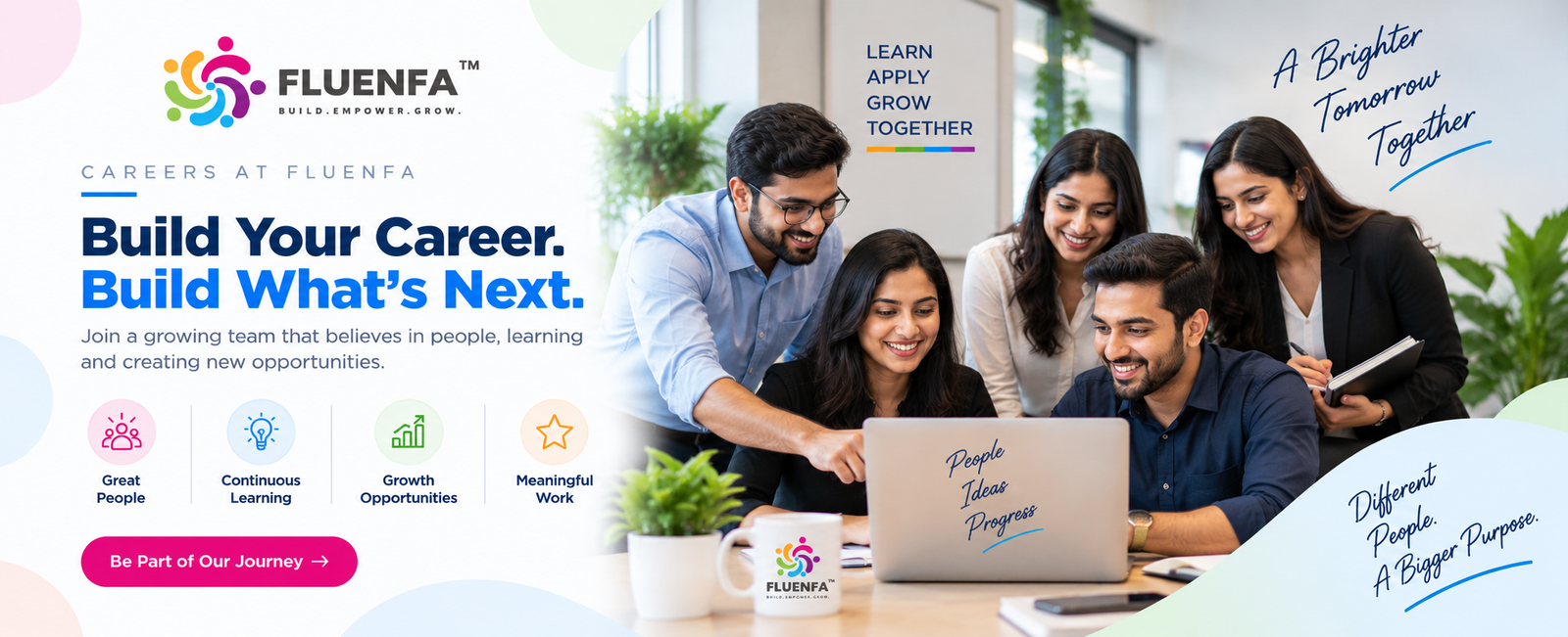 Fluenfa careers banner featuring professionals collaborating in a modern workplace and exploring career opportunities