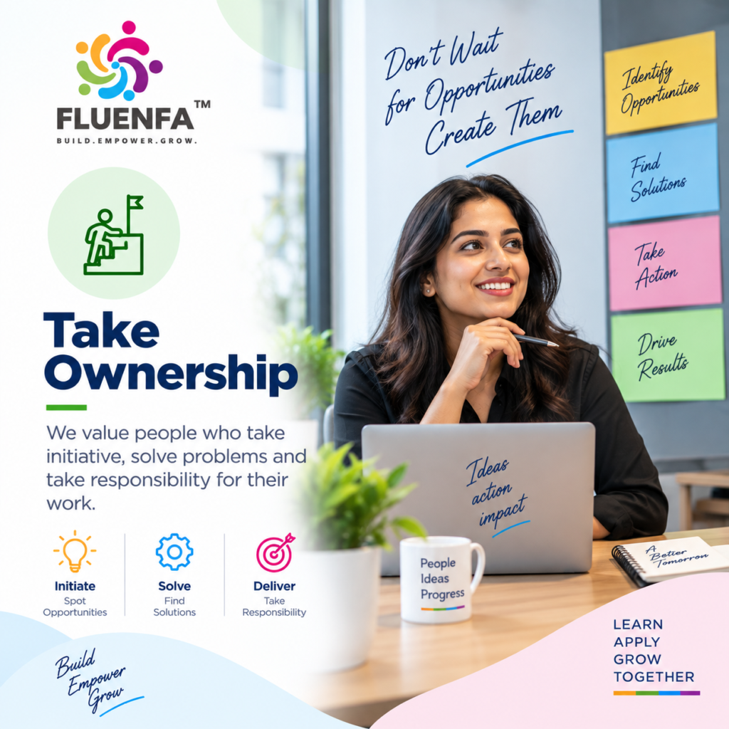 Fluenfa Take Ownership visual representing initiative, problem-solving and responsibility at work