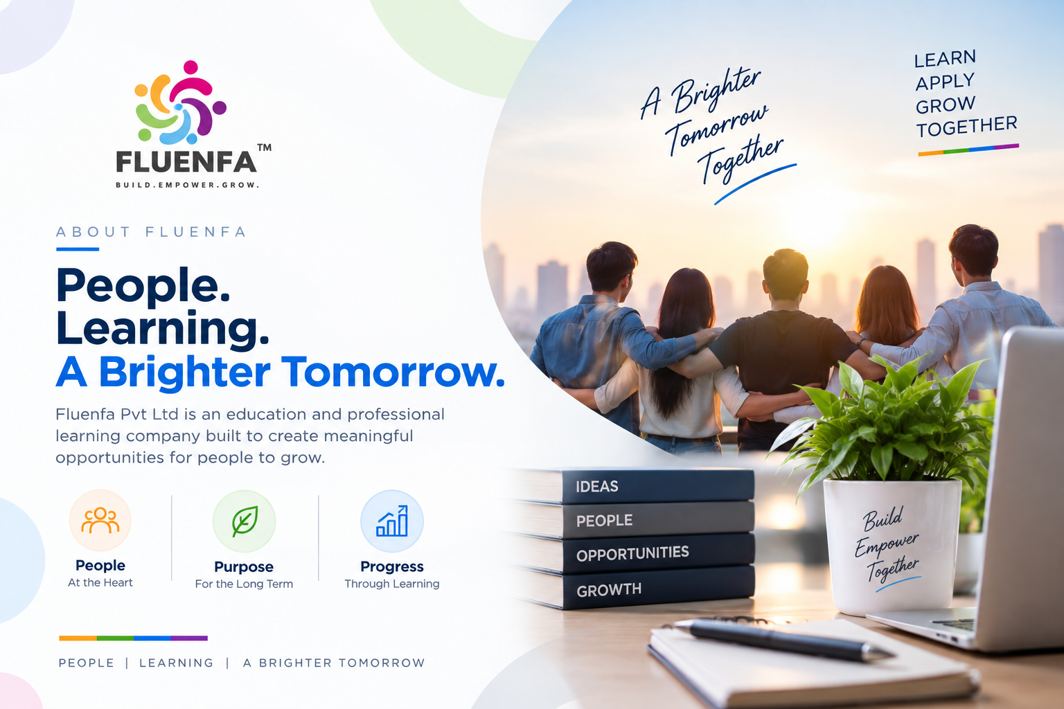 About Fluenfa featuring its education and professional learning mission focused on people, purpose and progress