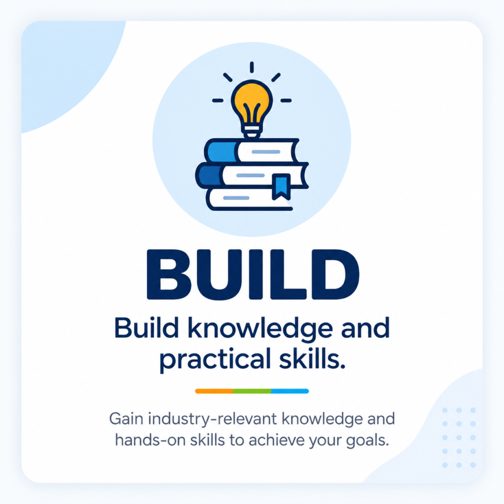 Fluenfa BUILD card representing knowledge development and practical skills